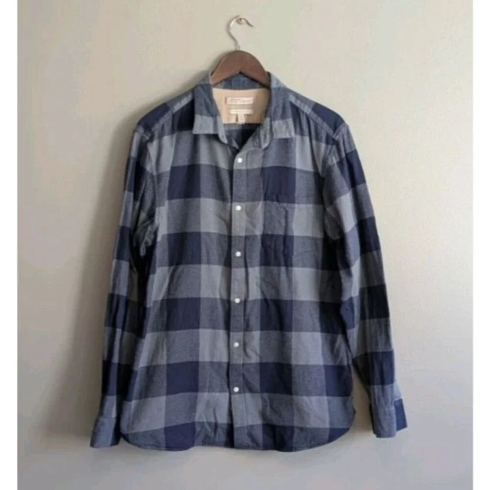Banana Republic Heritage Mens Large Blue Gray Flannel Shirt Slim Fit Check Plaid